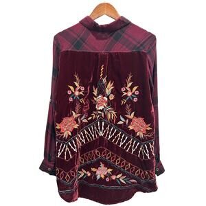 Kyla Seo Plaid/Velvet Button Up Blouse Top Embroidered Back Size S Boho